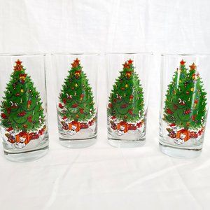 Vintage 1980s 4pc Christmas Tree Glass Set